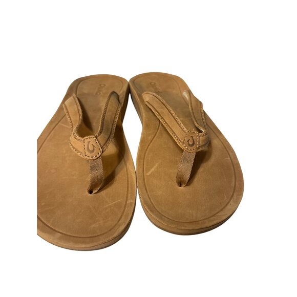 Olukai Leather Womens Sandals Size 9 Tan Flip Flops With Textured Outsole - Picture 2 of 6